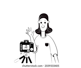 Young female video blogger shooting vlog. Hand drawn outline vector illustration