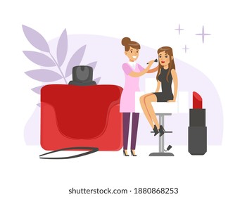 Young Female Visagiste Applying Makeup to Client in Beauty Salon Vector Illustration