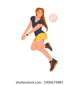 A young female volleyball player hitting a ball in a jump. A volleyball player in dynamic motion. Sports and leisure. Vector illustration in the flat style