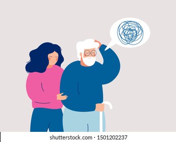 Young Female Volunteer Is Caring For An Elderly Person With Dementia.  Senior Person Leans On A Cane, And A Young Social Worker Supports And Helps Him. Flat Style Vector Illustration