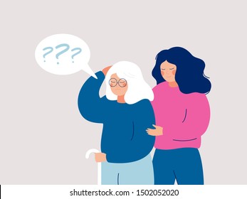 Young Female Volunteer Is Caring For An Elderly Person With Dementia. Senior Woman Leans On A Cane, And A Social Worker Supports And Helps Her. Flat Style Vector Illustration