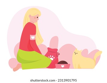 Young female from volunteering organization siting near cat and giving food, helping pets outside. Working in donation and charity center. Flat vector illustration in red colors