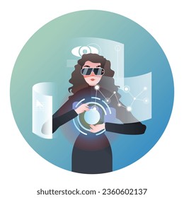 Young female in VR glasses reading different virtual information. People in virtual reality concept. Modern technology for work and study. Flat vector illustration in blue colors in cartoon style