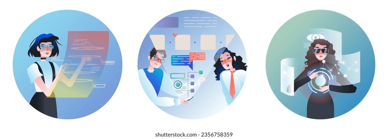 Young female in VR reading virtual document. People in virtual reality concept. Man and female looking at different diagrams. Flat vector illustration in blue colors in cartoon style