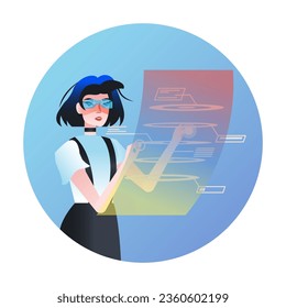 Young female in VR reading virtual document. People in virtual reality concept. Modern technology for work and study. Flat vector illustration in blue colors in cartoon style