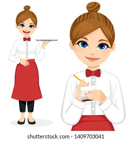 Young female waitress working holding tray and taking notes closeup