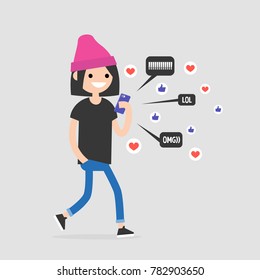 Young female walking character checking the pop up notifications on the mobile phone. Millennial lifestyle. Internet. Flat editable vector illustration, clip art