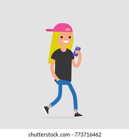 Young female walking character using phone. Millennial generation. Technology. Flat editable vector illustration, clip art