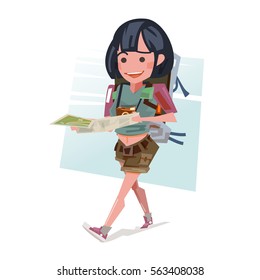 young female walking and looking at map with backpack. tourist concept - vector illustration