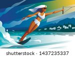 Young female water skier riding 