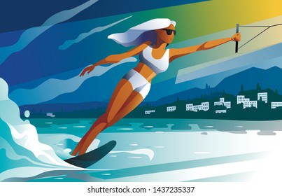 Young female water skier riding 
