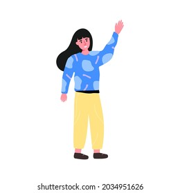 Young female waving hand to say hello. Greeting body posture. Friendly gesture. Vector isolated character illustration.