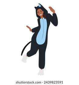 Young female wearing a cat costume. Funny cosplay outfit. Flat vector illustration isolated on white background