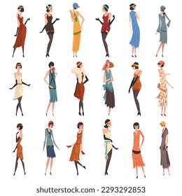 Young Female Wearing Garment from Twenties Big Vector Set