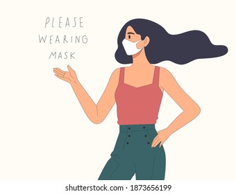 Young female wearing mask with "Please wearing mask" massage for COVID-19 prevention. Warning signage for public area. Flat vector illustration character.