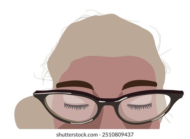 Young female wearing optical glasses isolated on white background. Only half face is visible.