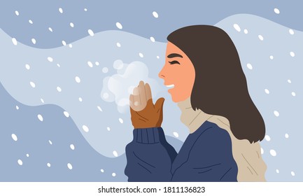 Young female wearing scarf, sweater, gloves and earmuff. It's cold till can see breath. Winter season. snow fall. Happy smiling girl enjoy wintertime. Flat vector illustration character. Christmas