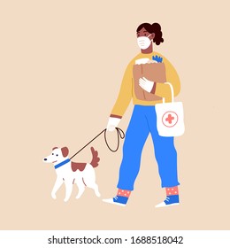 Young female in white medical protective mask and medical gloves, shopping in supermarket and pharmacy, walking with their dog. Coronavirus quarantine vector illustration. 2019-nCoV virus pandemic.