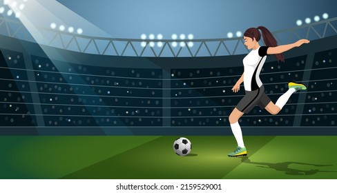 Young Female, Woman, Girl, Soccer, Football Player Kick, Shoot Ball, Penalty, Pass, Football Field, Shootout. Fan Stand, Team. Goal Action, Activity, Professional Sportswoman. Vector Illustration