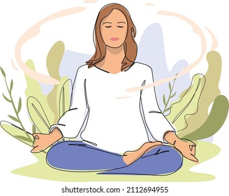 Young female woman relaxing in lotus pose wearing white and blue clothing while meditating in a lush green environment. Vector line art.