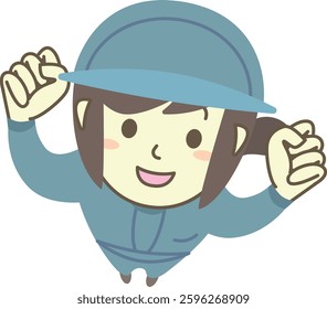 A young female worker looking up and pumping her fist