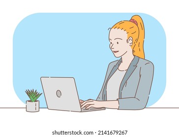 Young female worker is typing using laptop to work in her office, hand drawn with thin lines and with copy space flat illustration