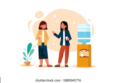 Young female workers having informal conversation around a water cooler at workplace, colleagues refreshing during a break. Flat illustration isolated on white background.