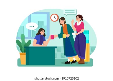 Young female workers having informal conversation around a watercooler at workplace. Flat illustration isolated on white background.