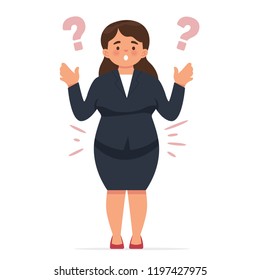 young female workers with question marks surprised by her sudden body fat, young women don't realise that her body is getting fat