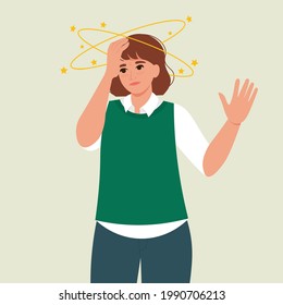 A Young Female With Yellow Stars Orbiting Around Her Head, Feeling Dizzy. Sick Woman Suffering From Vertigo. Person Suffering From Headache. Vector Isolated Illustration In Flat Style