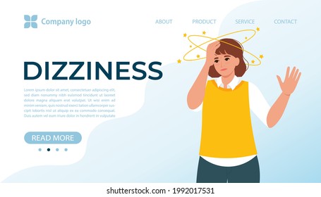 A young female with yellow stars orbiting around her head, feeling dizzy. Person suffering from headache. Flat design vector illustration, template for banner, landing page