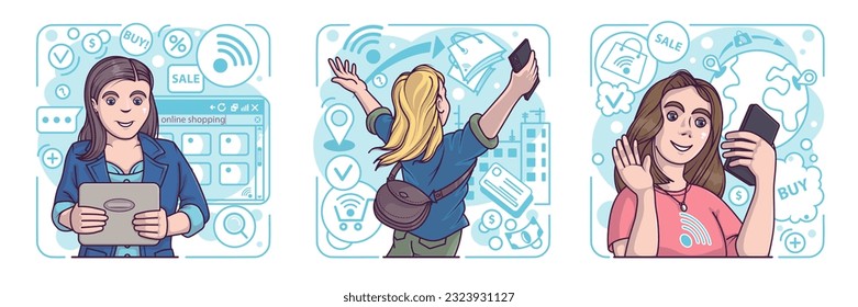 Young females ready to shopping via gadgets. Paying with credit card, cashless concept. Beneficial shopping around world concept. Flat vector illustration in cartoon style