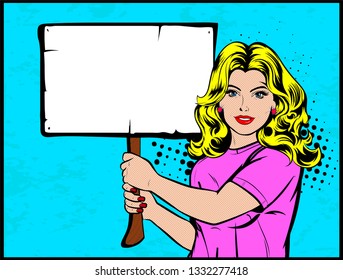 Young feminist holding placard at protest action - anti violence against women. Ideal female protest, women rights manifestation,  character striking on demonstration.  Vintage Pop Art, retro Comic 