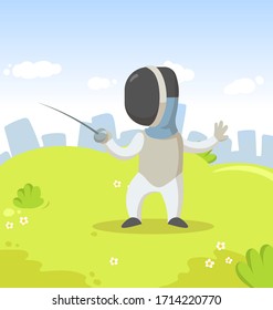 Young fencer with sword, cartoon character standing in the city park. Sport and fitness. Colorful cartoon flat vector illustration.