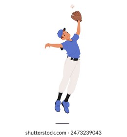 Young Fielder Baseball Player Character In Blue Uniform Jumping To Catch A Ball With A Glove. Isolated Cartoon Vector Illustration Perfect For Sports-related Content, Teamwork, And Children Activities