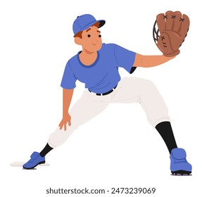 Young Fielder Baseball Player Wearing A Blue Uniform, Poised To Catch The Ball With His Glove. Vector Image Captures The Determination And Readiness Of An Athlete In Action, For Sports-related Content