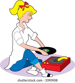 Young fifties style girl playing records on a phonograph