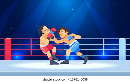 A Young Fighter Or Boxer Loses And Gets Hit In The Face By A Knockdown Or Knockout In The Boxing Ring During A Fight. Cartoon Character, Flat Vector Style Illustration.