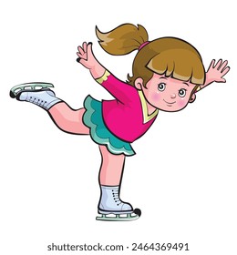 young figure skater in cartoon style. The figure skater is wearing ice skates, a pink top, a green skirt and has brown hair in a ponytail. 