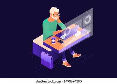 Young finance market analyst in eyeglasses working at sunny office on laptop while sitting at wooden table.Data analysis, and office situations. Landing page template. Isometric vector illustration