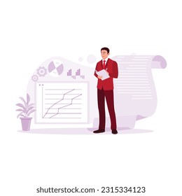 Young financial analysis worker, holding a book and pencil in hand, analyzing increasing market charts. Trend Modern vector flat illustration.