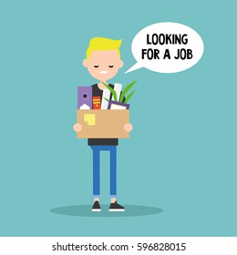 Young fired blond man holding a box full of office stationery goods / flat editable vector illustration, clip art