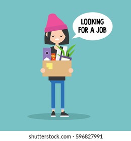 Young fired girl holding a box full of office stationery goods / flat editable vector illustration, clip art