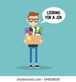 Young fired nerd holding a box full of office stationery goods / flat editable vector illustration, clip art