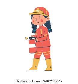 Young firefighter girl holding fire extinguisher, emergency service character illustration. Inspiring Future Career for Kids