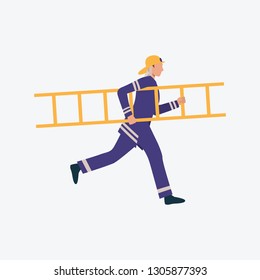 Young firefighter running with ladder. Help, danger, rescue. Can be used for topics like salvage, bravery, risk