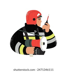 young firefighter is talking on walkie-talkie and holding a megaphone. The firefighter is drawn up to the waist in close-up. flat cartoon-style drawing with texture. stock vector illustration. EPS 10.