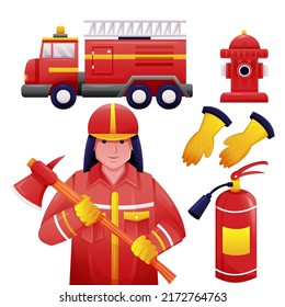 Young firefighter in uniform and helmet holding axe standing with firefighting professional equipment, Fire Truck, gloves and red extinguisher in cartoon character, vector illustration