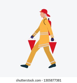 Young firefighter walking with buckets. Help, extinguishing, fire. Can be used for topics like risk, danger, salvage