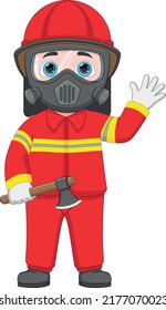 young firefighter wearing a mask and holding an axe